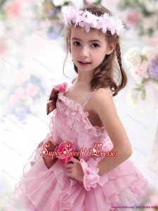 2015 Beautiful Baby Pink Little Girl Pageant Dress with Hand Made Flowers and Ruffles