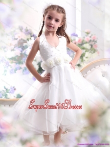 Beautiful Halter Top White Mini Length Little Girl Pageant Dress with Hand Made Flower
