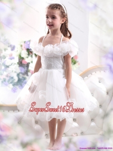 Beautiful White Halter Top Little Girl Pageant Dresses with Hand Made Flower