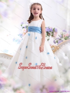 Beautiful White Scoop Little Girl Pageant Dress with Baby Blue Waistband and Appliques