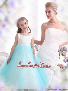 Beautiful White and Baby Blue Scoop Little Girl Pageant Dress for 2015