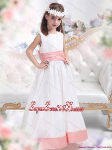 White Scoop 2015 Beautiful Little Girl Pageant Dress with Pink Waistband