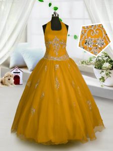 Halter Top Orange A-line Appliques Little Girls Pageant Gowns Lace Up Tulle Sleeveless Floor Length