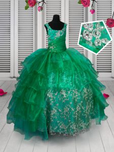 Green Ball Gowns Straps Sleeveless Organza Floor Length Lace Up Appliques and Ruffled Layers Child Pageant Dress