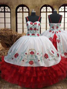 Dramatic Ruffled Ball Gowns Little Girls Pageant Dress Wholesale White and Red Spaghetti Straps Organza Sleeveless Floor Length Lace Up