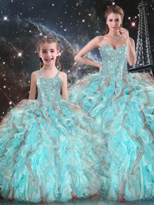 Ideal Aqua Blue Organza Lace Up Quinceanera Gowns Sleeveless Floor Length Beading and Ruffles