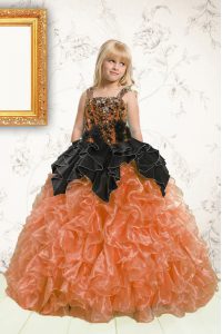 New Arrival Organza Straps Sleeveless Lace Up Beading and Pick Ups Little Girl Pageant Gowns in Orange
