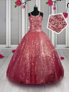 Cheap Watermelon Red Ball Gowns Sequined Straps Sleeveless Beading and Sequins Floor Length Lace Up Kids Formal Wear