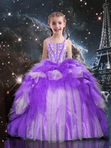 Fancy Purple Lace Up Kids Pageant Dress Beading and Ruffles Sleeveless Floor Length