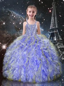 Lavender Ball Gowns Straps Sleeveless Organza Floor Length Lace Up Beading and Ruffles Little Girl Pageant Dress
