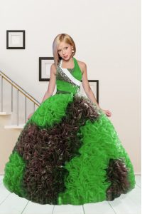 Cute Halter Top Floor Length Ball Gowns Sleeveless Apple Green and Chocolate Little Girls Pageant Dress Lace Up