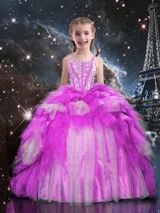 Latest Fuchsia One Shoulder Neckline Beading and Ruffled Layers Little Girl Pageant Dress Sleeveless Lace Up