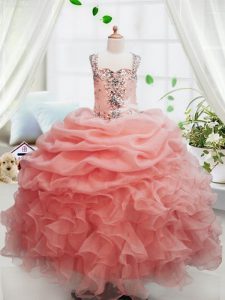 Peach Sleeveless Beading and Ruffles and Pick Ups Floor Length Little Girls Pageant Gowns