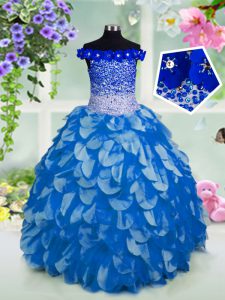Elegant Blue Lace Up Off The Shoulder Beading and Sashes ribbons and Sequins Little Girl Pageant Dress Organza Short Sleeves