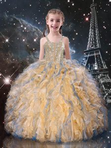Graceful Floor Length Lace Up Child Pageant Dress Champagne for Quinceanera and Wedding Party with Beading and Ruffles