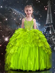 Glorious Beading and Ruffles Little Girls Pageant Dress Yellow Green Lace Up Sleeveless Floor Length