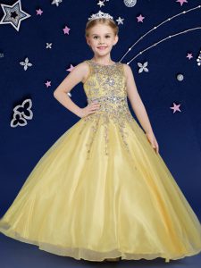 Scoop Gold Organza Zipper Little Girl Pageant Dress Sleeveless Floor Length Beading