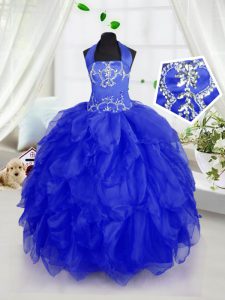 Great Halter Top Sleeveless Organza Floor Length Lace Up Pageant Gowns For Girls in Royal Blue with Appliques and Ruffles