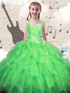 On Sale Green Ball Gowns Halter Top Sleeveless Organza Floor Length Lace Up Beading and Ruffles Little Girl Pageant Dress