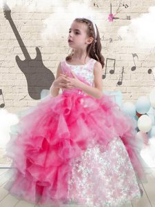 Unique Scoop Hot Pink Sleeveless Beading and Ruffles Floor Length Little Girl Pageant Dress