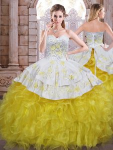 Captivating Yellow And White Lace Up Sweetheart Beading and Appliques and Ruffles Quinceanera Gowns Organza Sleeveless