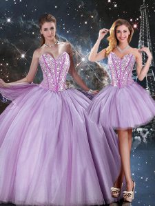 Lavender Sleeveless Floor Length Beading Lace Up Vestidos de Quinceanera