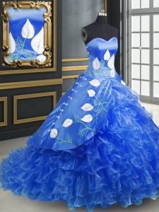 Blue Lace Up Sweetheart Embroidery and Ruffles Quinceanera Gowns Organza Sleeveless Brush Train