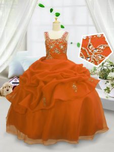 Stunning Orange Sleeveless Beading and Pick Ups Floor Length Little Girl Pageant Dress