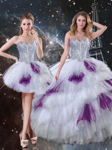 Sleeveless Floor Length Beading and Ruffled Layers and Sequins Lace Up 15th Birthday Dress with Multi-color