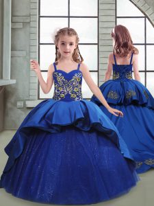 Royal Blue Spaghetti Straps Neckline Embroidery Kids Formal Wear Sleeveless Lace Up