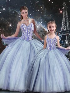 Tulle Sweetheart Sleeveless Lace Up Beading 15 Quinceanera Dress in Lavender