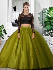 Olive Green Backless Scoop Lace and Ruching Sweet 16 Quinceanera Dress Tulle Long Sleeves