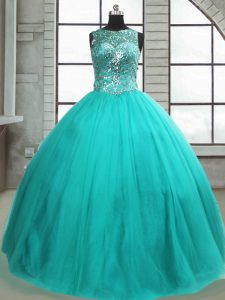 Ideal Ball Gowns Sweet 16 Quinceanera Dress Turquoise Scoop Tulle Sleeveless Floor Length Lace Up