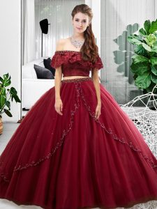 Burgundy Quinceanera Gown Military Ball and Sweet 16 and Quinceanera with Lace and Ruffles Off The Shoulder Sleeveless Lace Up