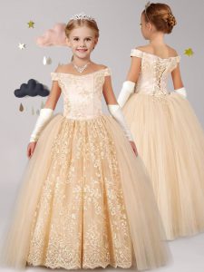 Champagne Kids Pageant Dress Party and Quinceanera and Wedding Party with Lace Off The Shoulder Cap Sleeves Lace Up