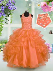 Perfect Halter Top Orange Sleeveless Floor Length Beading and Ruffled Layers Lace Up Little Girls Pageant Dress