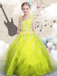 High Class Yellow Green Sleeveless Organza Lace Up Little Girls Pageant Gowns for Party and Wedding Party