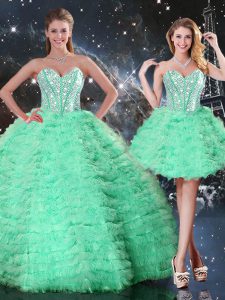 Flare Sweetheart Sleeveless Sweet 16 Dress Floor Length Beading and Ruffled Layers Apple Green Organza