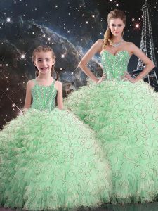 Apple Green Organza Lace Up Quinceanera Gowns Sleeveless Floor Length Beading and Ruffles
