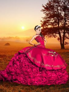 Best Selling Embroidery and Ruffles Vestidos de Quinceanera Red Lace Up Sleeveless Brush Train