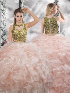 Customized Floor Length Peach Quince Ball Gowns Organza Sleeveless Beading and Ruffles
