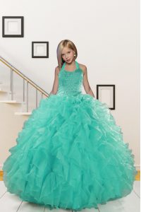 Perfect Halter Top Turquoise Sleeveless Floor Length Beading and Ruffles Lace Up Little Girls Pageant Gowns