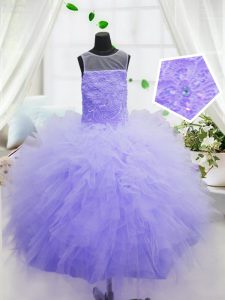 High Quality Purple Scoop Zipper Beading and Ruffles Kids Pageant Dress Sleeveless