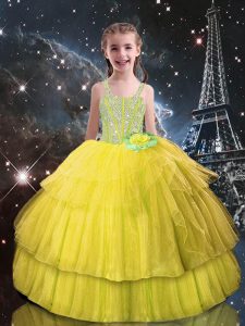 Customized Light Yellow Sleeveless Floor Length Beading and Ruffled Layers Lace Up Little Girl Pageant Dress
