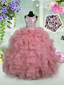 Sequins Ball Gowns Kids Pageant Dress Pink Scoop Organza Sleeveless Floor Length Zipper