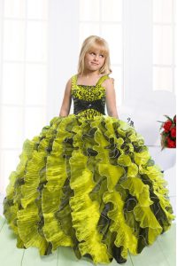 Light Yellow Organza Lace Up Kids Pageant Dress Sleeveless Floor Length Beading and Ruffles