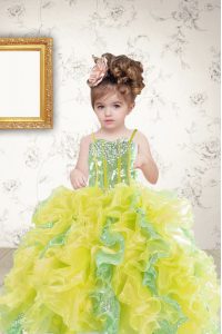 Most Popular Multi-color Organza Lace Up Spaghetti Straps Sleeveless Floor Length Kids Formal Wear Beading and Ruffles and Sequins