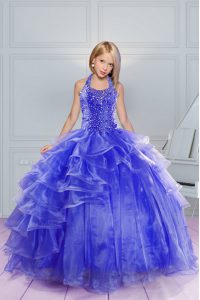 Beautiful Halter Top Sleeveless Beading and Ruffles Lace Up Kids Formal Wear
