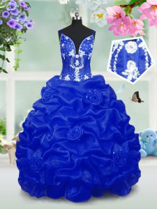 Pick Ups Floor Length Ball Gowns Sleeveless Royal Blue Pageant Gowns For Girls Lace Up