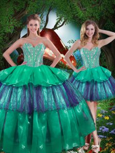Discount Ball Gowns Quinceanera Dress Turquoise Sweetheart Organza Sleeveless Floor Length Lace Up